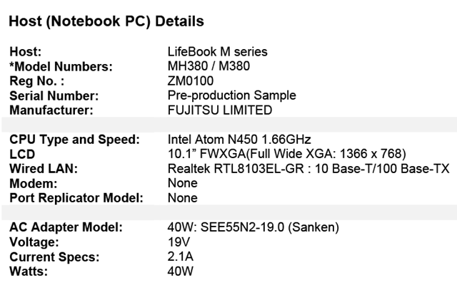 Fujitsu MH380 / M380 LifeBook. 